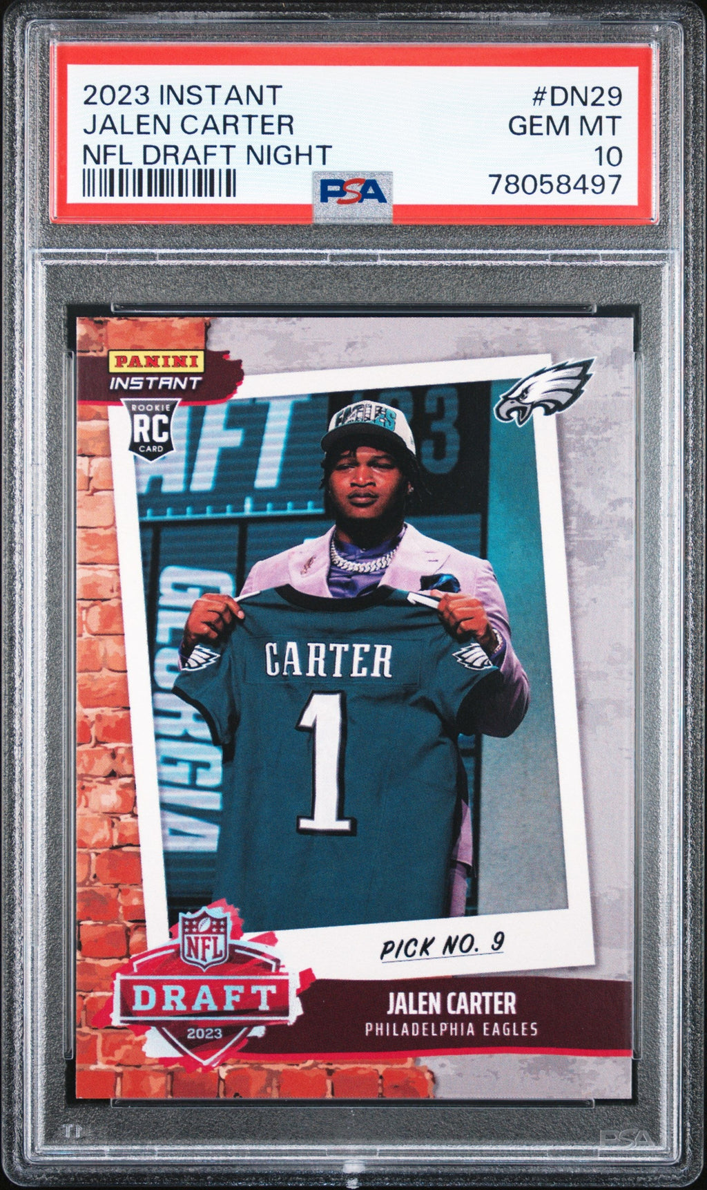 Graded 2023 Panini Instant Jalen Carter #DN29 NFL Draft Night /836 Rookie RC Football Card PSA 10