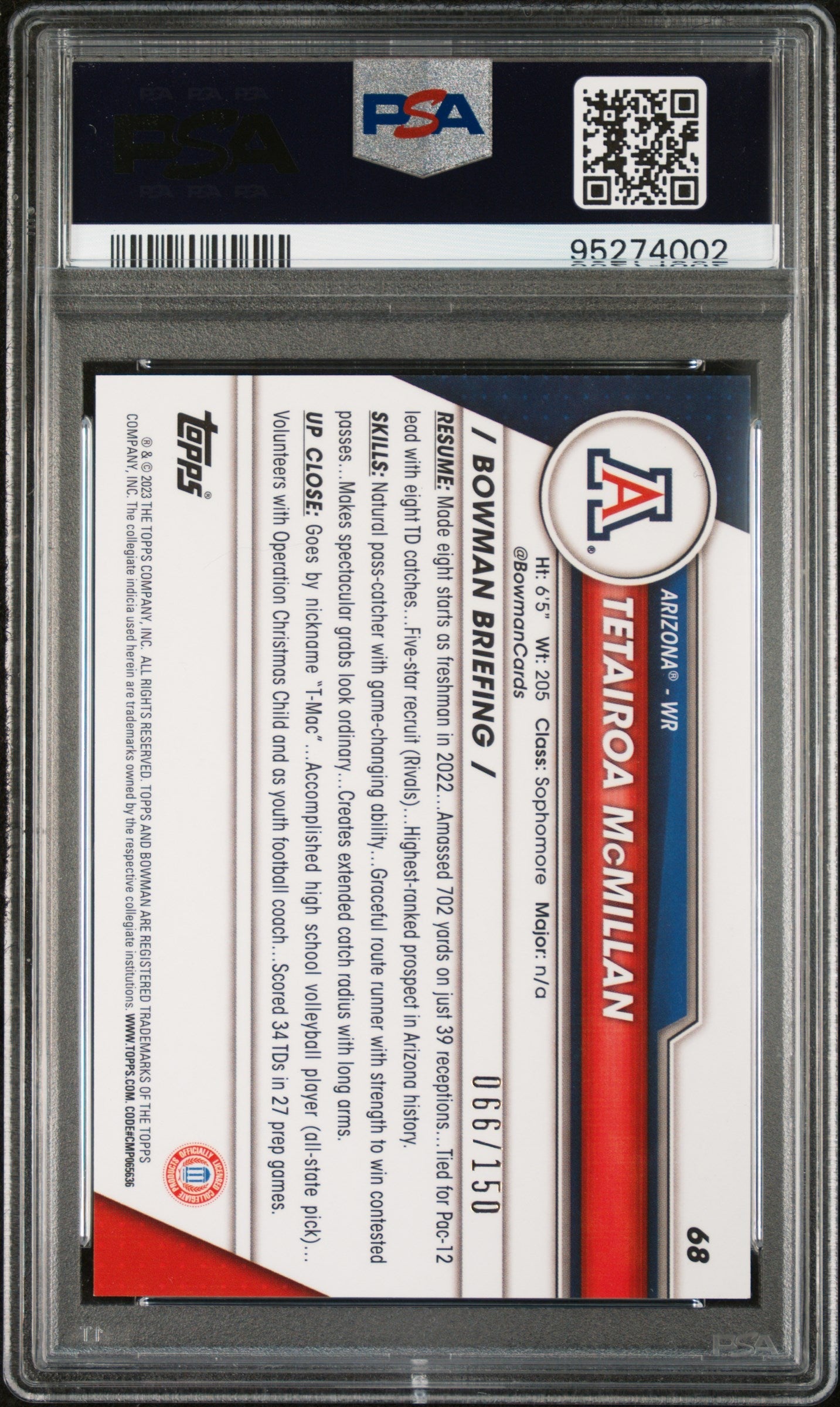Graded 2023 Topps Bowman U Chrome Tetairoa McMillan #68 Fuchsia Mini Diamond Refractor /150 Rookie RC Football Card PSA 10 Gem Mint