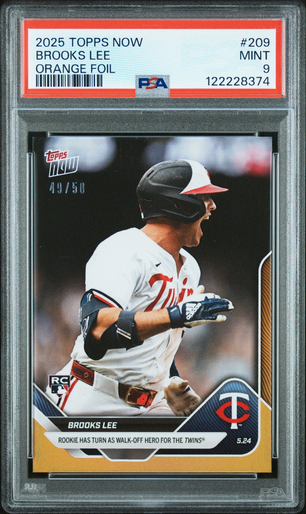 Graded 2025 Topps Now Brooks Lee #209 Orange Foil /25 Rookie RC Baseball Card PSA 9 Mint