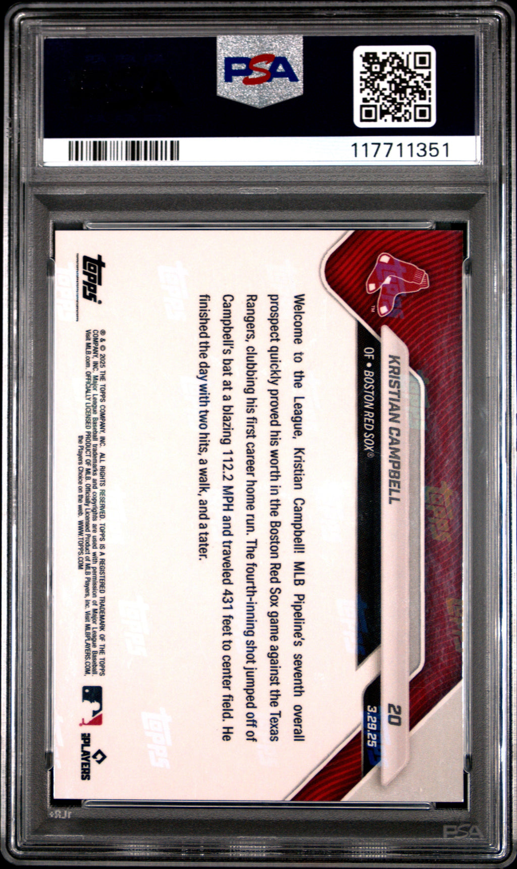 Graded 2025 Topps Now Kristian Campbell #20 Orange Foil /25 Rookie RC Baseball Card PSA 10 Gem Mint