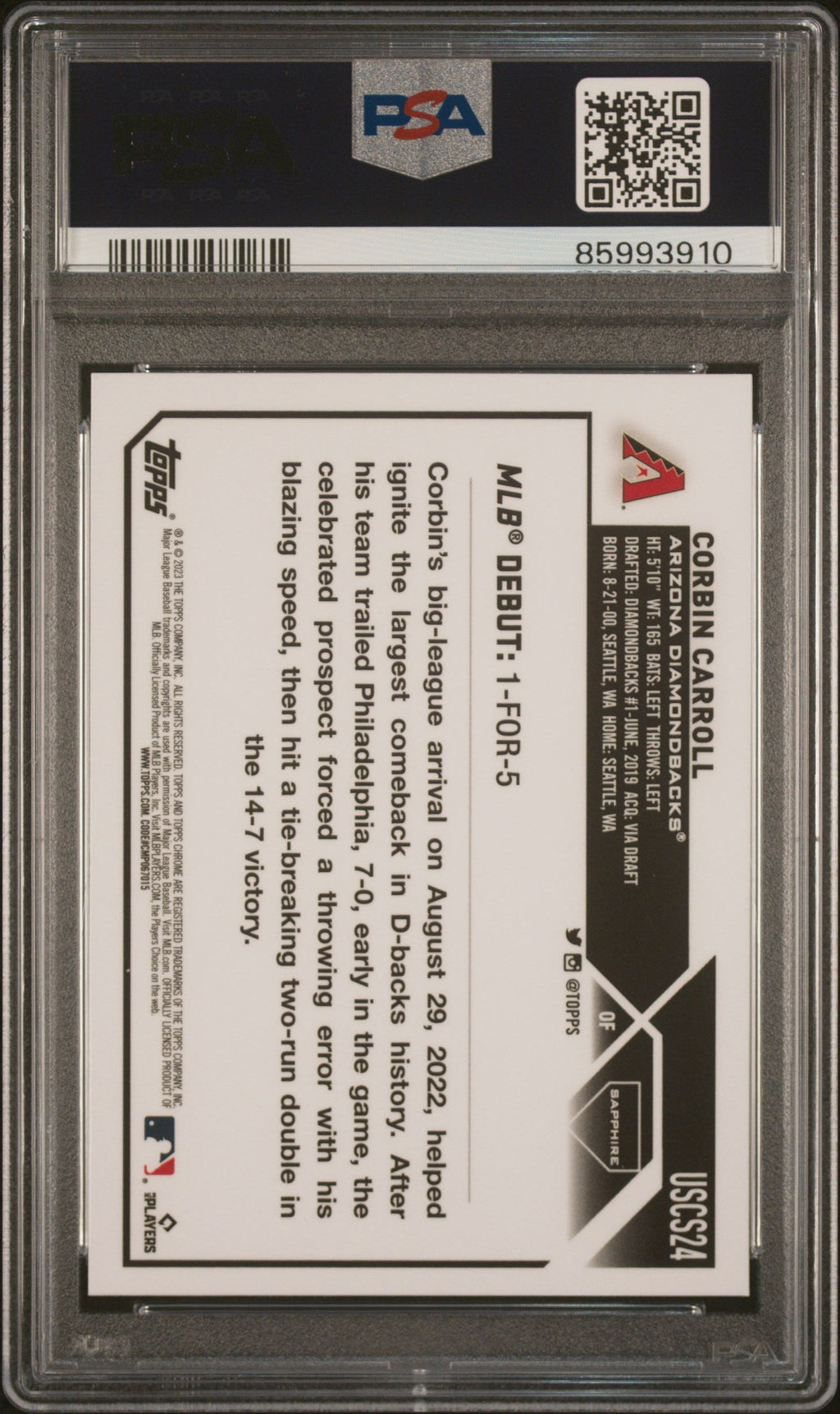Graded 2023 Topps Chrome Update Sapphire Edition Corbin Carroll #24 Rookie RC Baseball Card PSA 10 Gem Mint