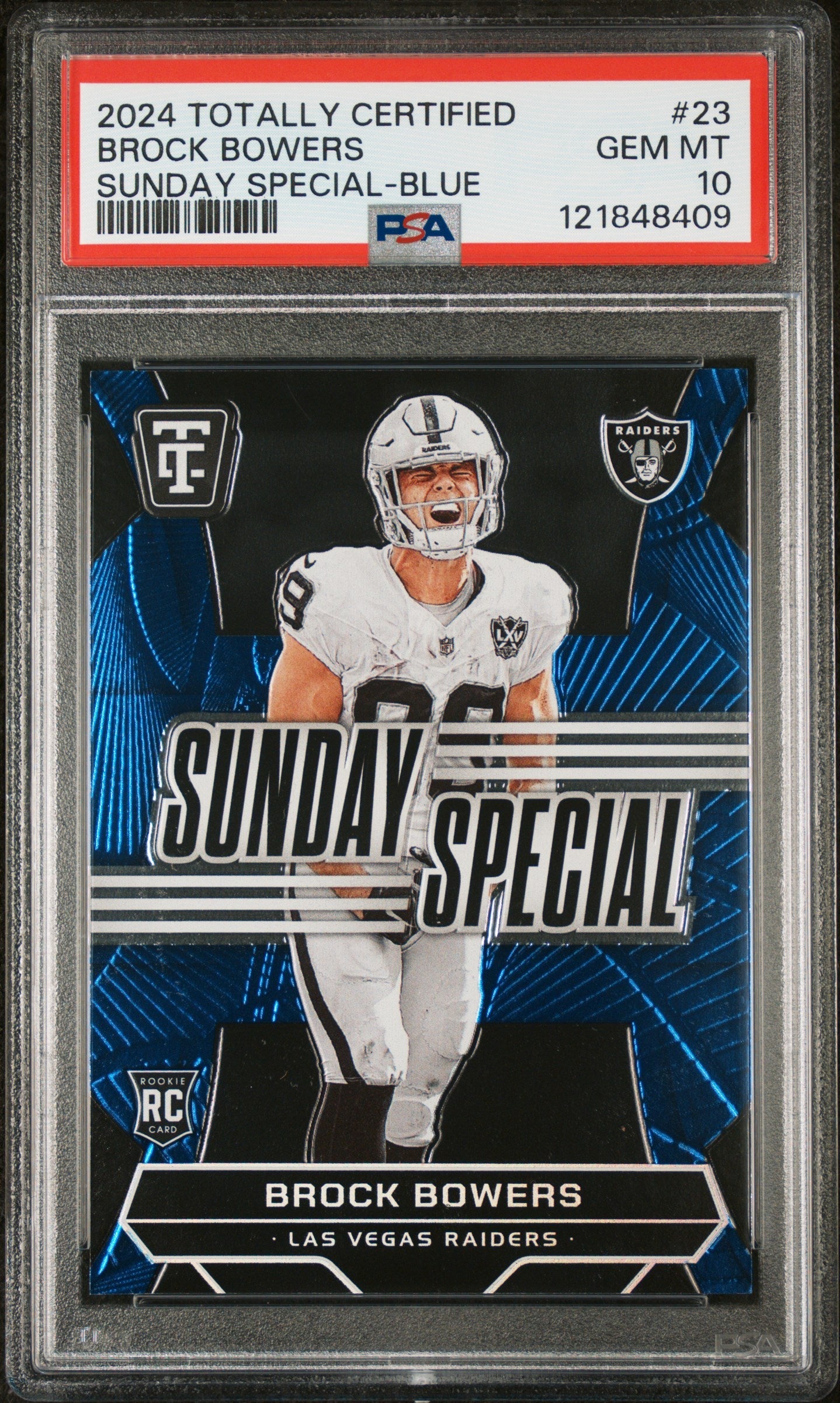 Graded 2024 Panini Totally Certified Brock Bowers #23 Sunday Special Blue /199 Rookie RC Football Card PSA 10 Gem Mint