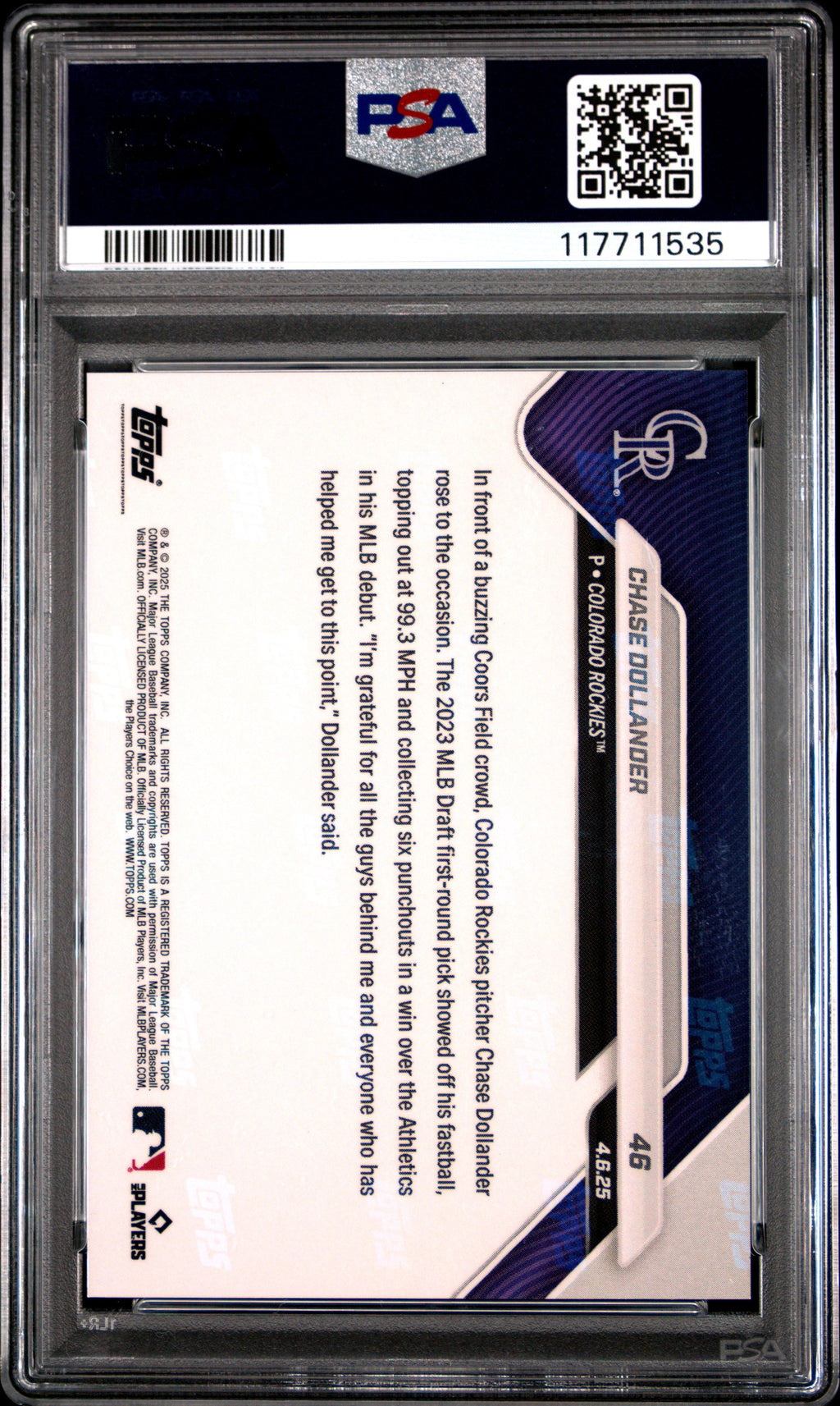 Graded 2025 Topps Now Chase Dollander #46 Rookie RC Baseball Card PSA 10 Gem Mint