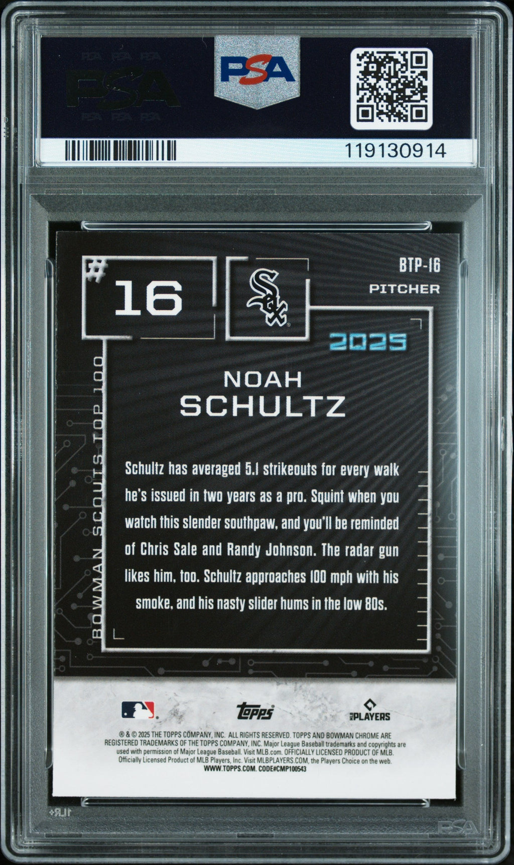 Graded 2025 Topps Bowman Noah Schultz #BTP16 Scouts Top 100 Mini Diamond /150 Rookie RC Baseball Card PSA 10 Gem Mint