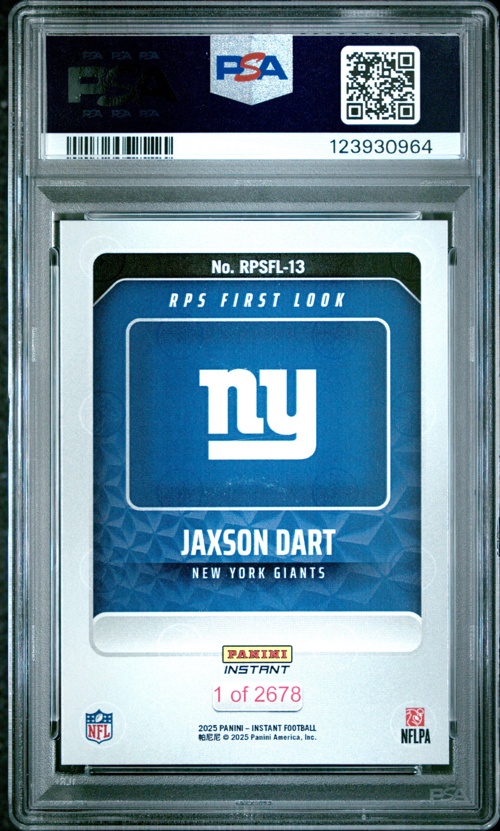 Graded 2025 Panini Instant Jaxson Dart #RPSFL13 RPS First Look Rookie RC Football Card PSA 10 Gem Mint