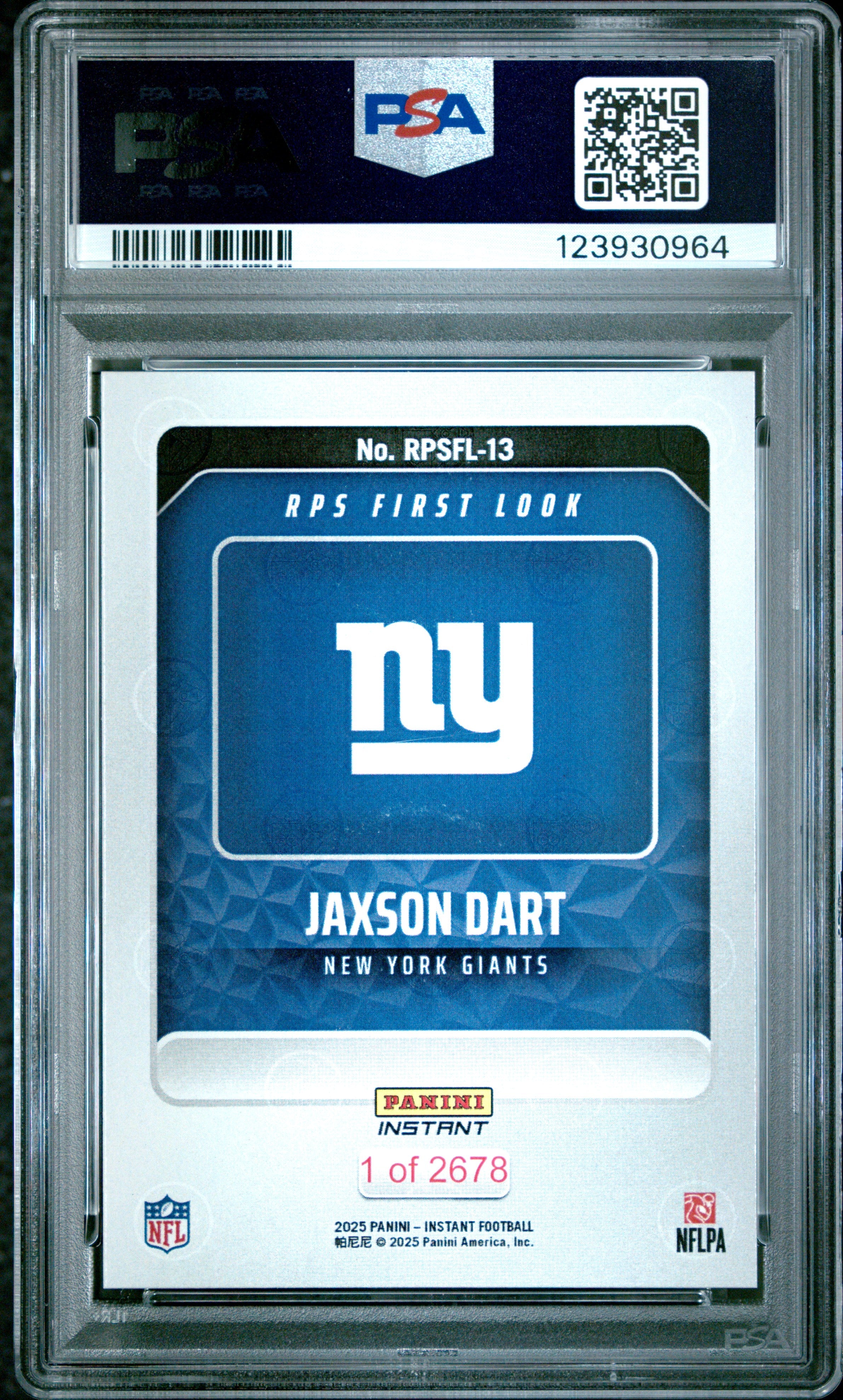 Graded 2025 Panini Instant Jaxson Dart #RPSFL13 RPS First Look Rookie RC Football Card PSA 10 Gem Mint
