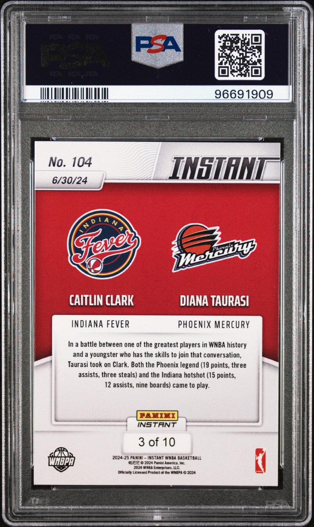 Graded 2024 Panini Instant WNBA Caitlin Clark/Diana Taurasi #104 Jaguar /10 Basketball Card PSA 8 Near Mint