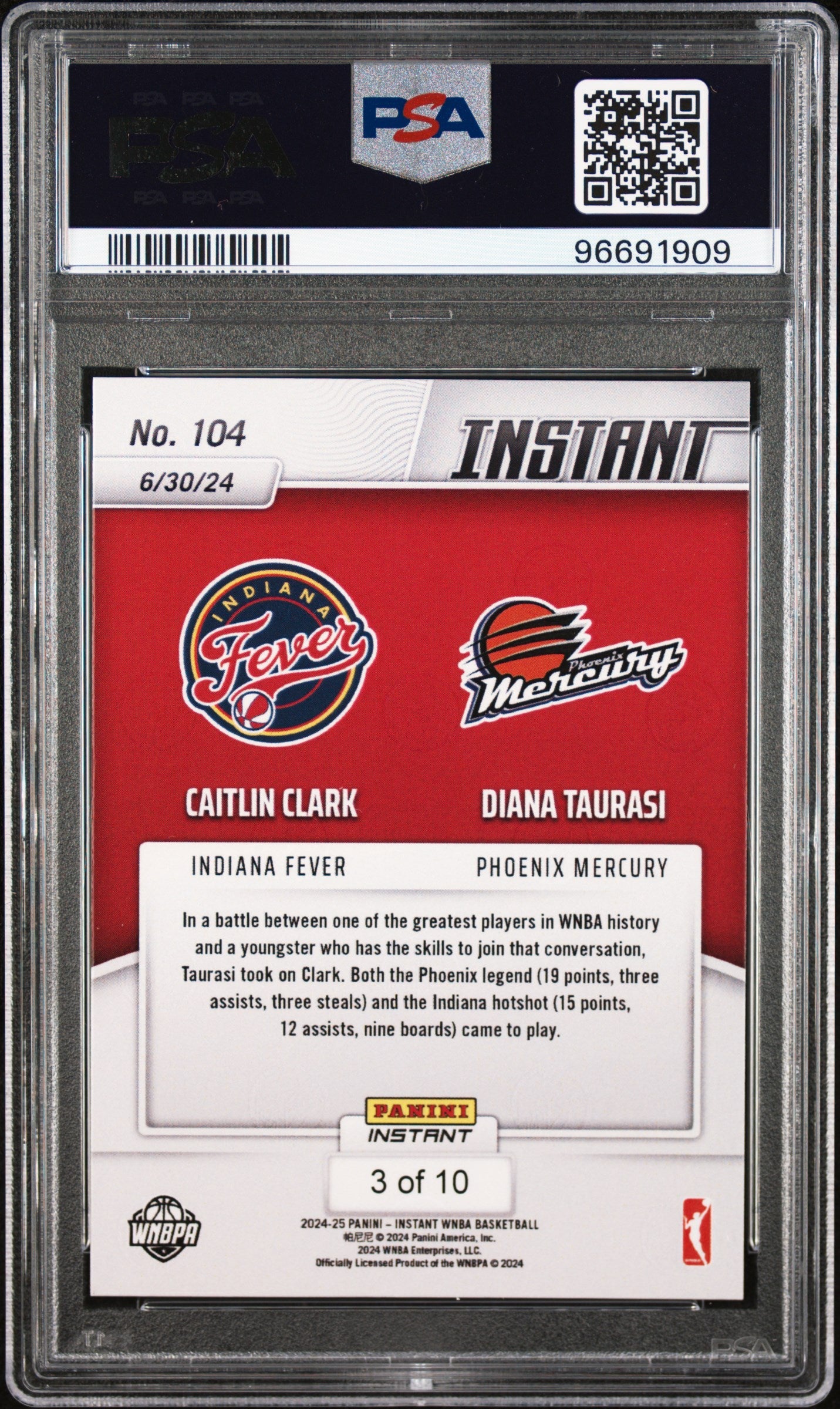 Graded 2024 Panini Instant WNBA Caitlin Clark/Diana Taurasi #104 Jaguar /10 Basketball Card PSA 8 Near Mint